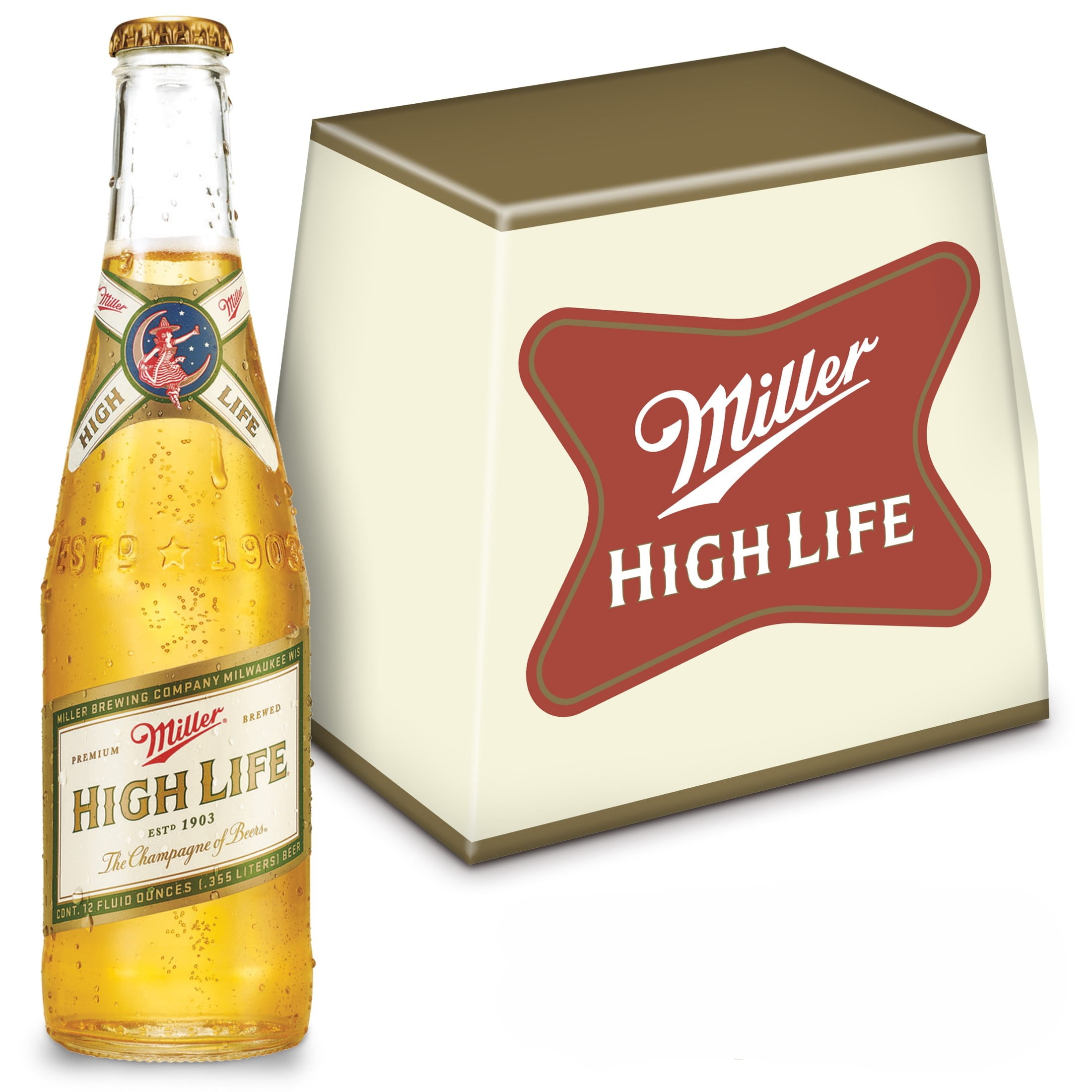 Miller High Life American Beer, 12 Pack, 12 fl oz Glass Bottles, 4.6% ABV