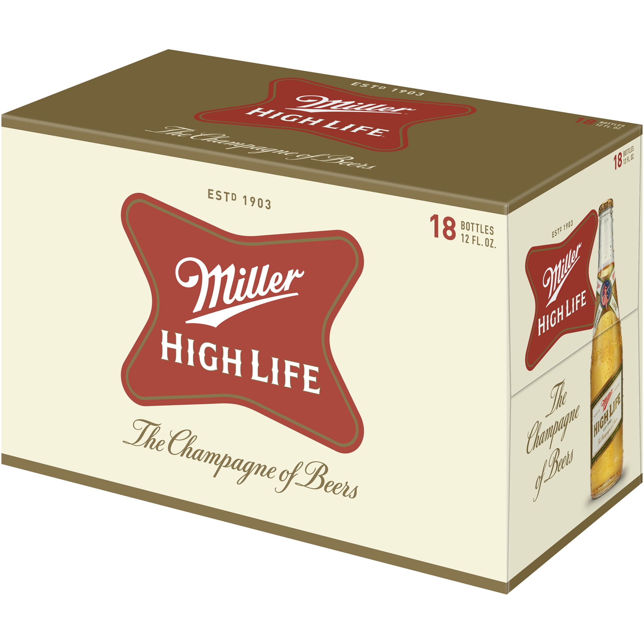 Miller High Life Beer, 18 Pack, 12 fl oz Glass Bottles, 4.6% ABV, Domestic Lager