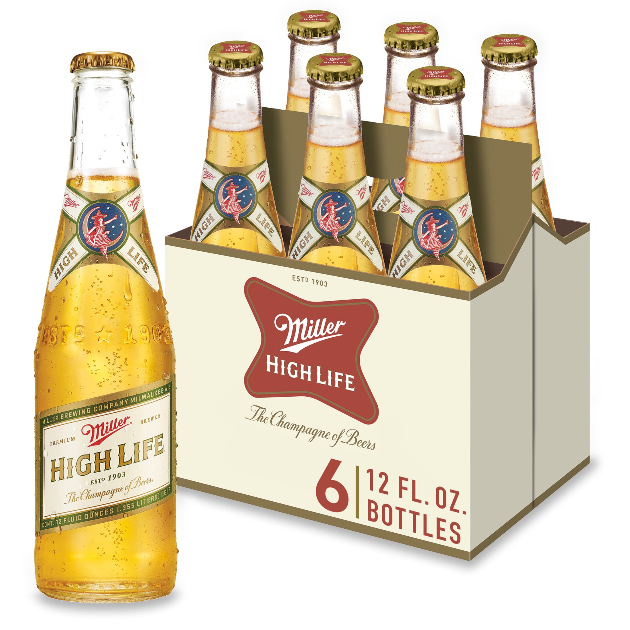 Miller High Life Beer, 6 Pack, 12 fl oz Glass Bottles, 4.6% ABV, Domestic Lager