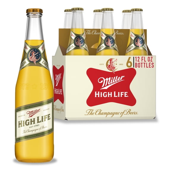 Miller High LifeAmerican Beer, 6 Pack, 12 fl oz Glass Bottles, 4.6% ABV