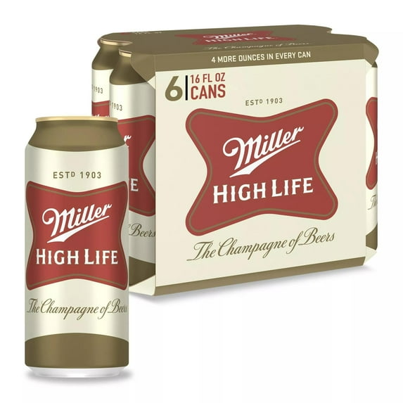 Miller High Life American Beer, 6 Pack, 16 fl oz Aluminum Cans, 4.6% ABV