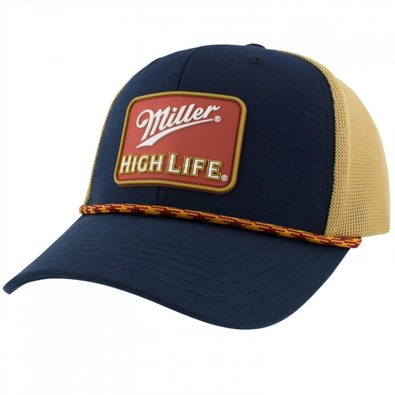 Miller High Life Beer Men's Trucker Hat 3D Rubber Woven Patch Snapback Cap (Navy/Tan)