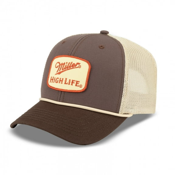 Miller High Life Beer Men's Trucker Hat Embroidered Woven Patch Snapback Cap (Brown/Wheat)
