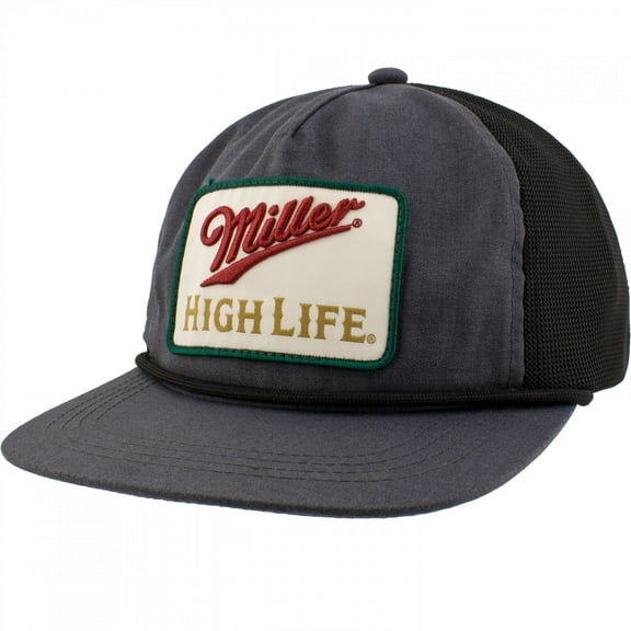 Miller High Life Beer Men's Trucker Hat Embroidered Woven Patch Snapback Cap (Charcoal Heather)