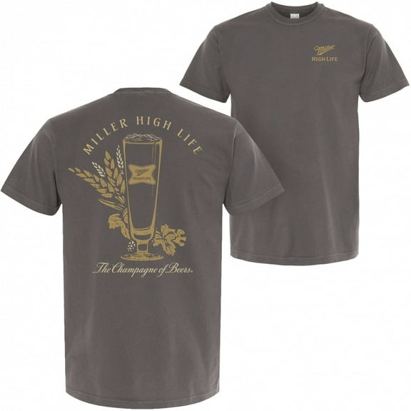 Miller High Life The Champagne of Beers Garment Dyed Grey Front and Back Print T-Shirt-2XLarge