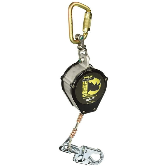 Miller by Honeywell 9' Black Rhino Self-Retracting Stainless Steel Wire Rope Lifeline With Stainless Steel Swivel And Steel Twist-Lock Carabiner Unit Connector And Locking Swivel Snap Hook With Loa