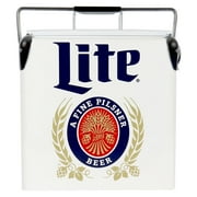 Miller Lite Retro Ice Chest Cooler with Bottle Opener 13L 14 qt, White and Blue