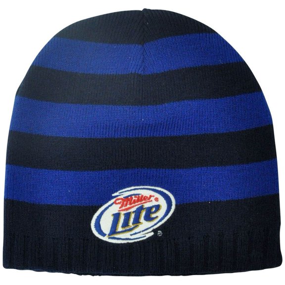 Miller Lite Striped Beanie Beer Knit Winter Navy Alcohol Cuffless Toque Hat