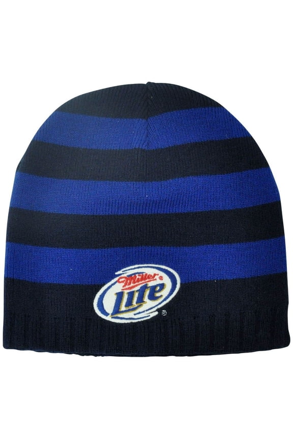 Miller Lite Striped Beanie Beer Knit Winter Navy Alcohol Cuffless Toque Hat