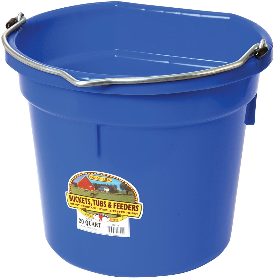 Blue Polyethylene Flat-Back Animal Feed Bucket with Metal Handle