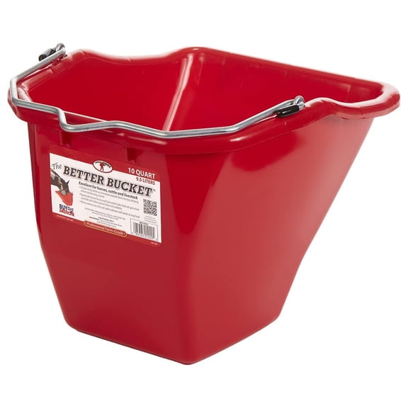 Little Giant Flat Back Plastic Horse Feed Bucket, Metal Handle, 10 Quarts, Red