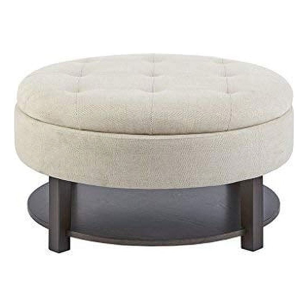 Cream Tufted Round Storage Ottoman with Veneer Shelf