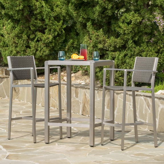 Miller Outdoor 3 Piece Wicker Bar Set, Grey