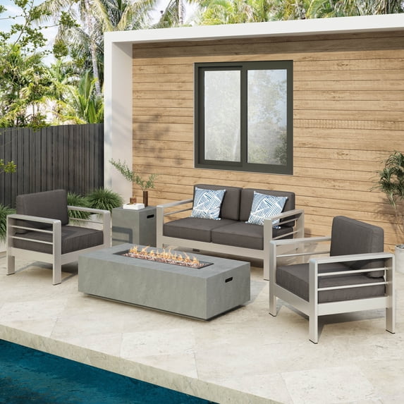 Miller Outdoor 5 Piece Chat Set with Light Grey Fire Table, Gray, Silver