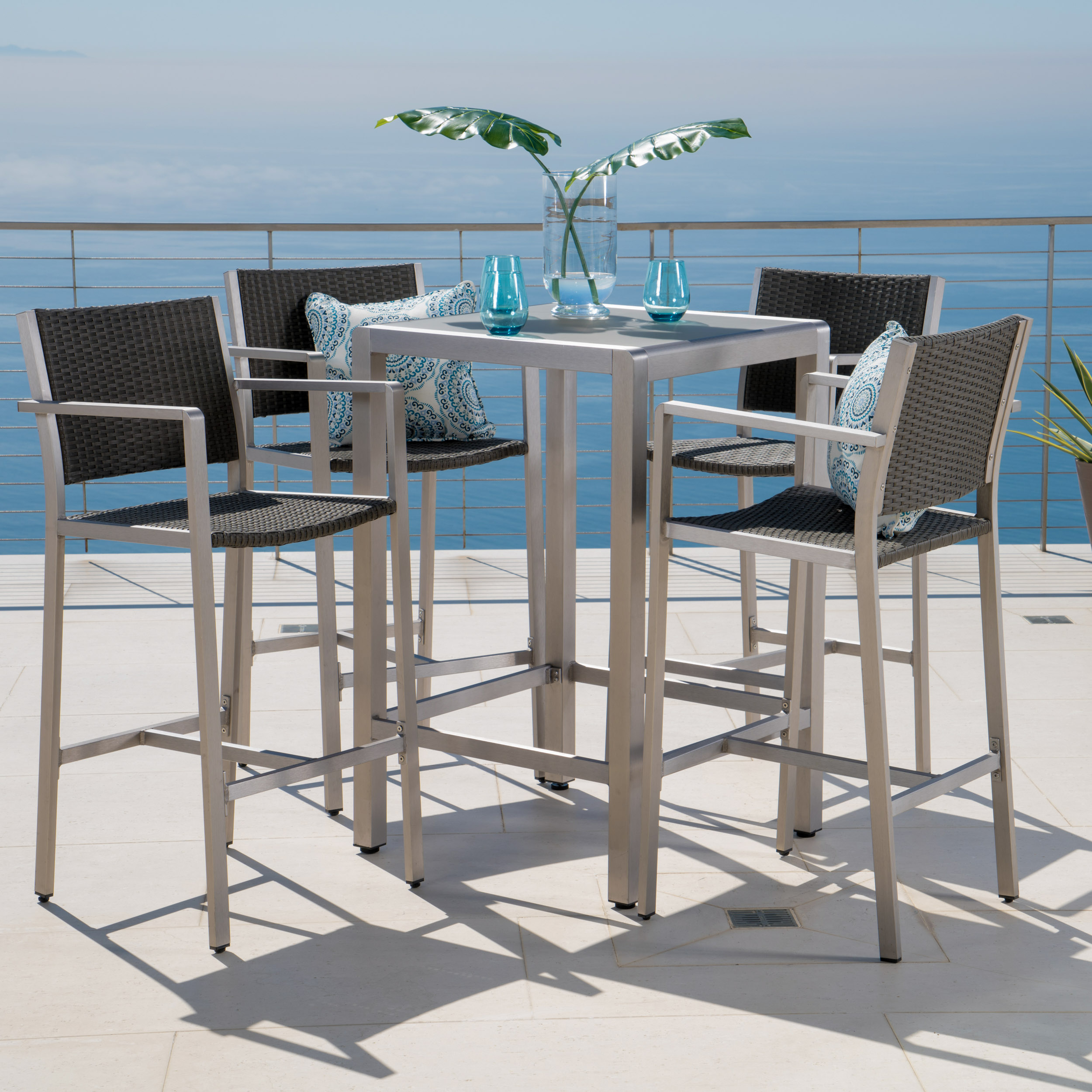 Miller Outdoor 5 Piece Wicker Bar Set with Glass Table Top, Grey - image 1 of 10