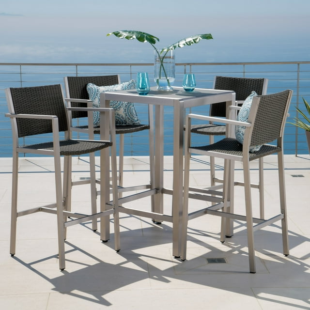 Miller Outdoor 5 Piece Wicker Bar Set with Glass Table Top, Grey