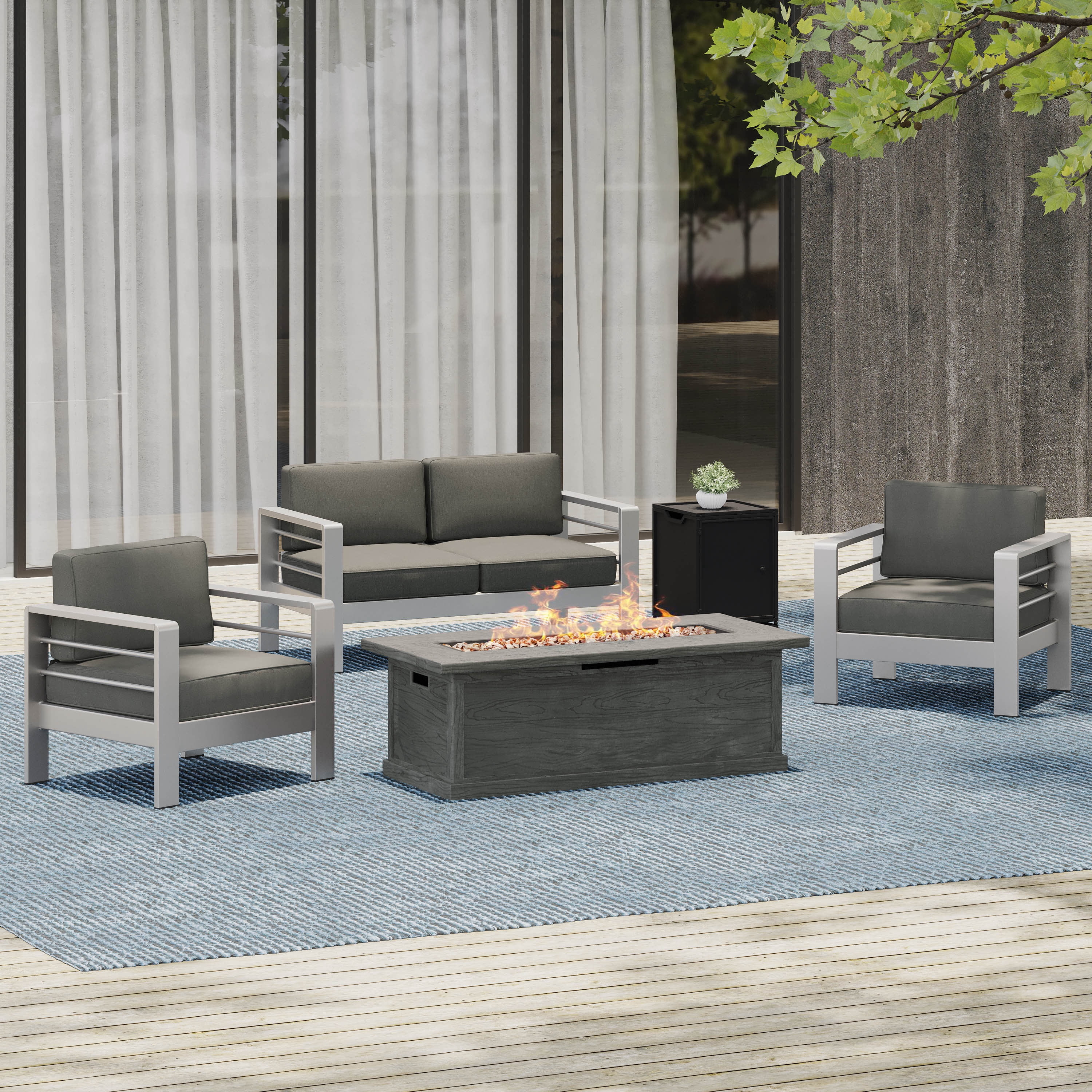 Miller Outdoor Aluminium Chat Set and Grey MGO Fire Table with Tank Holder, Khaki, Silver, Black