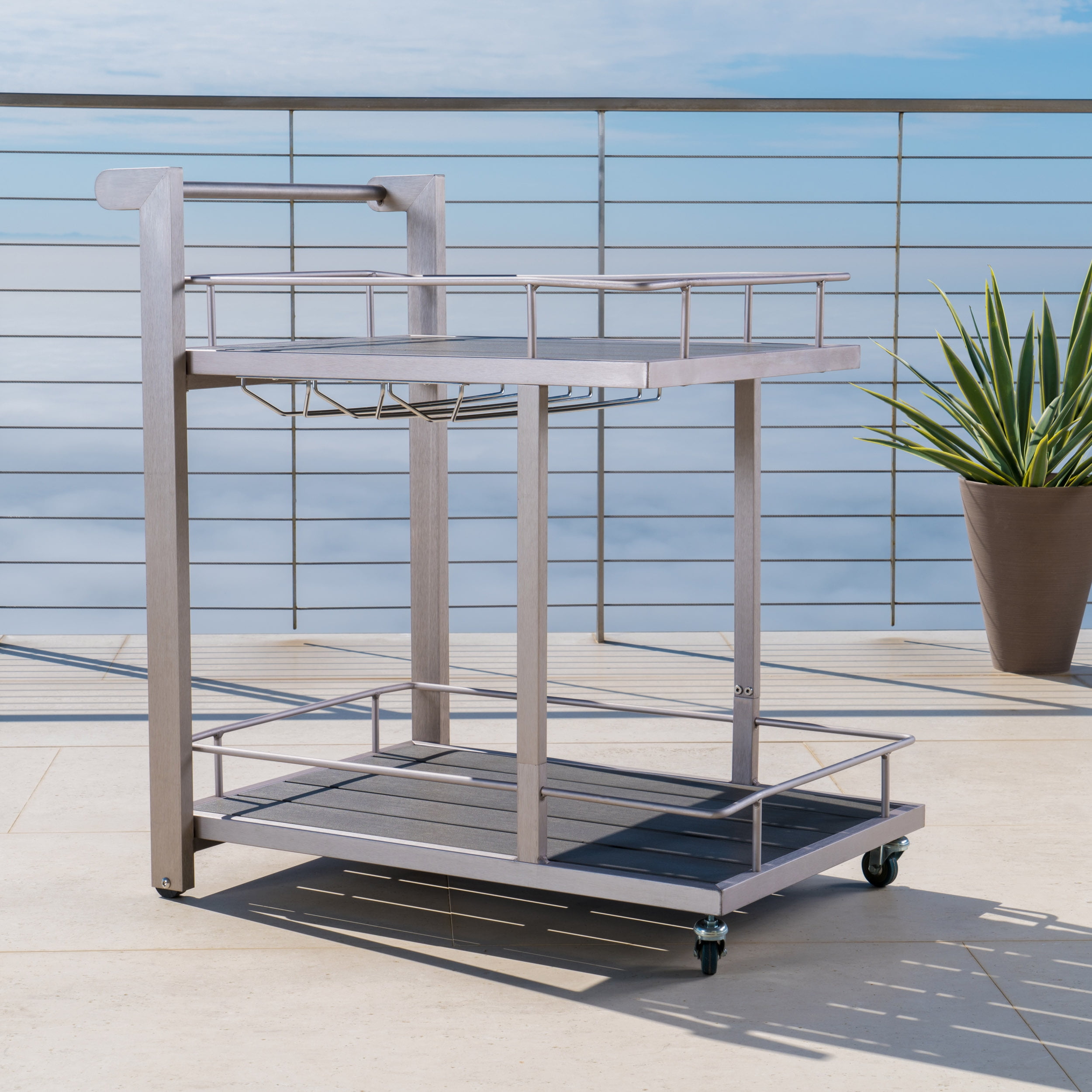 Miller Outdoor Aluminum Bar Cart with Polymer Blended Wood Top, Natural