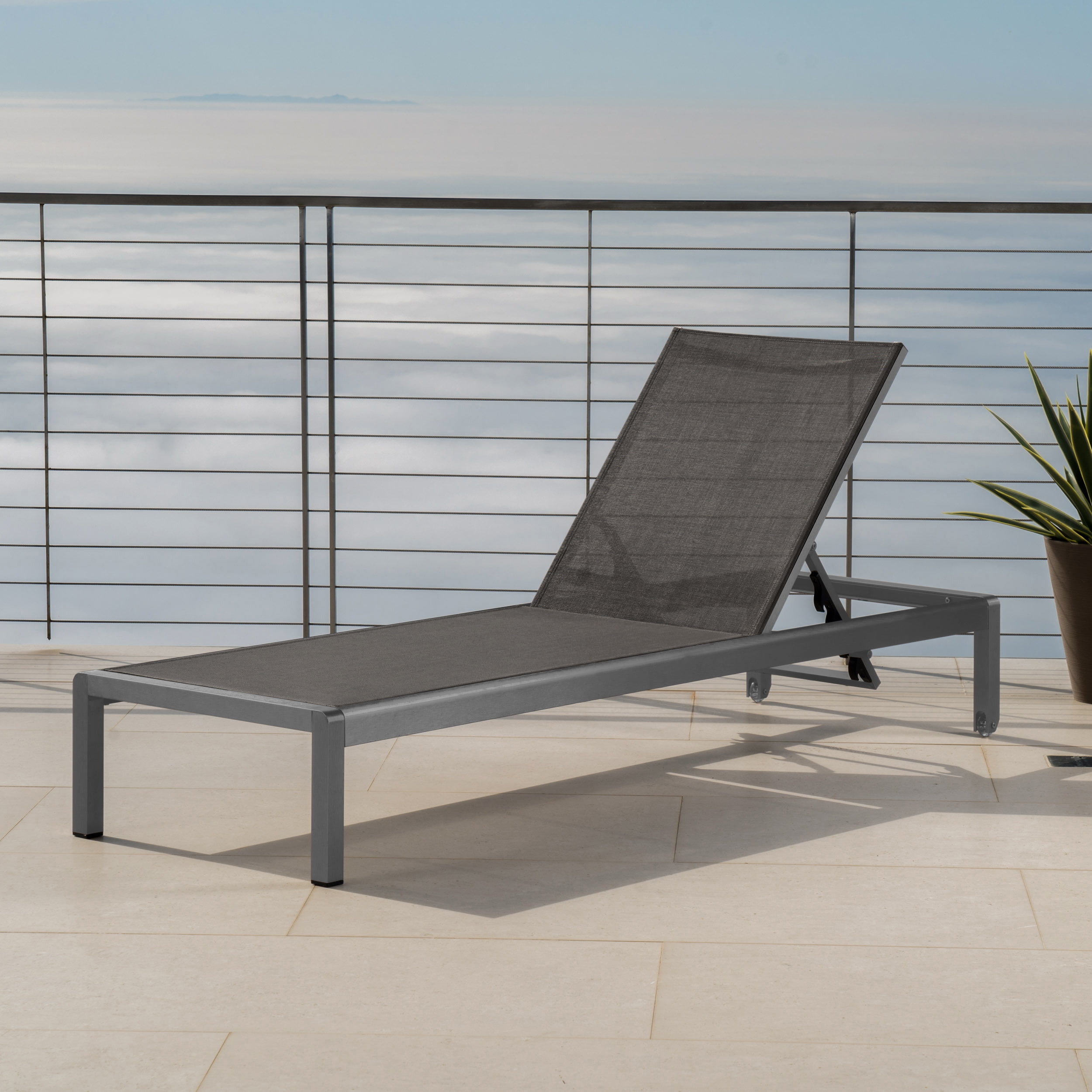 Miller Outdoor Aluminum Chaise Lounge with Dark Grey Mesh Seat Grey