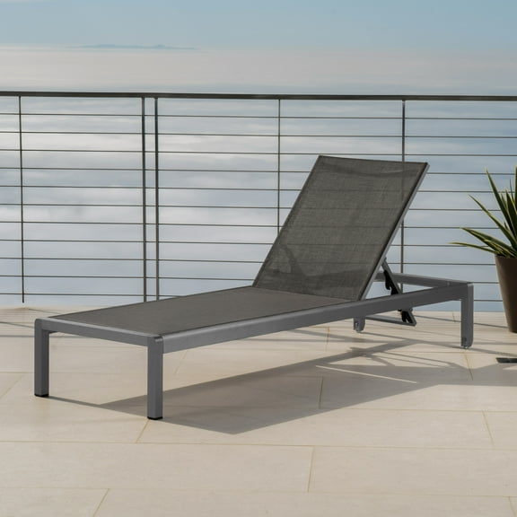 Miller Outdoor Aluminum Chaise Lounge with Dark Grey Mesh Seat, Grey