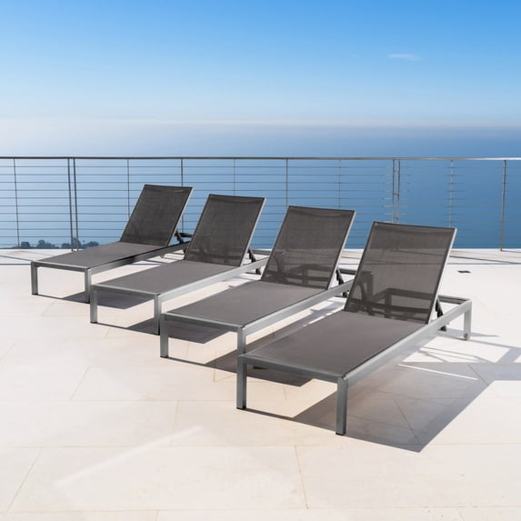 Miller Outdoor Aluminum Chaise Lounge with Dark Grey Mesh Seat, Set of 4, Grey