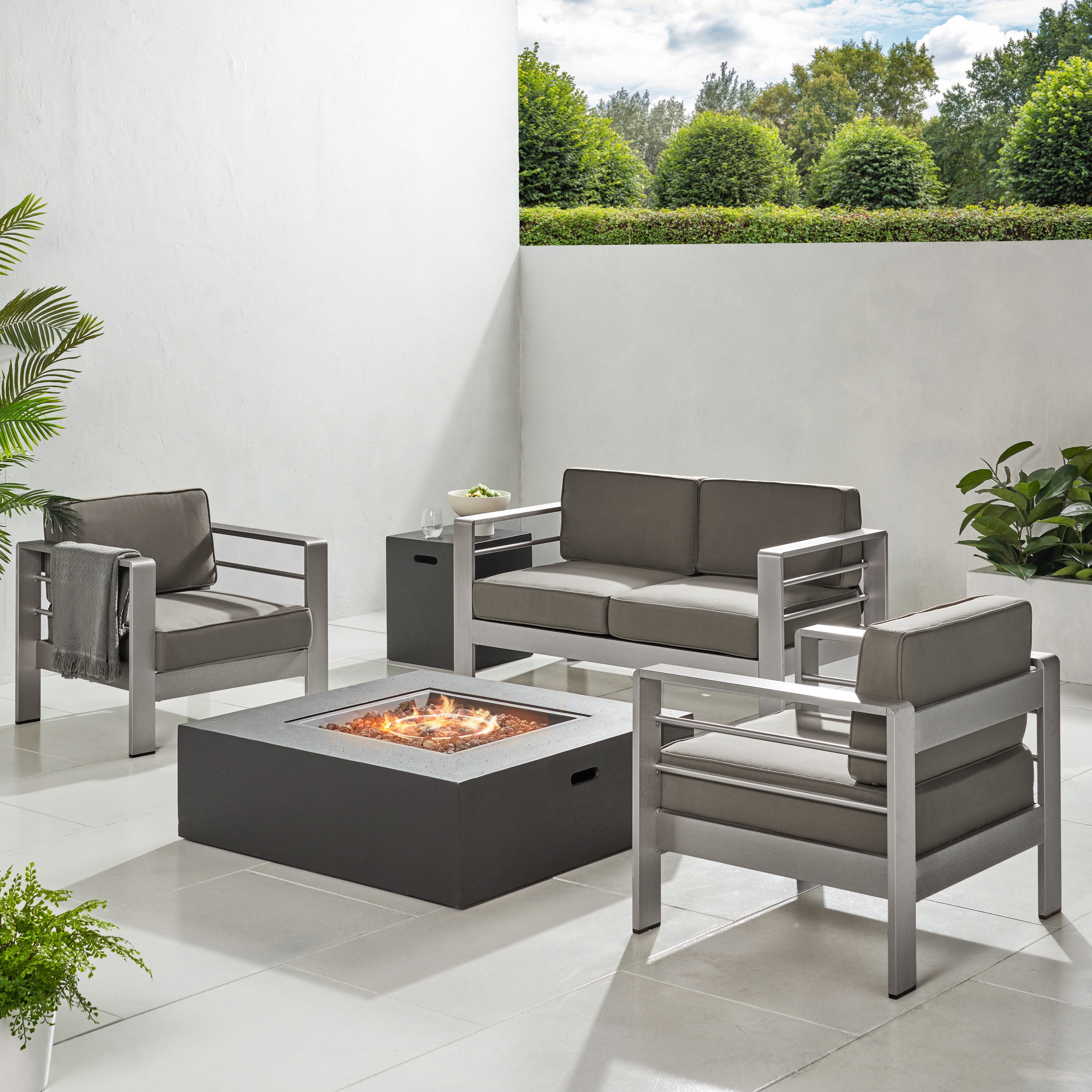 Miller Outdoor Aluminum Chat Set with Dark Grey Fire Table, Gray ...