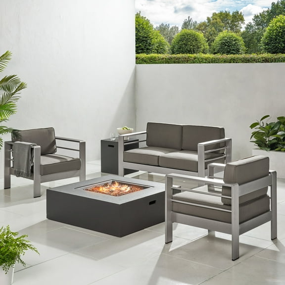 Miller Outdoor Aluminum Chat Set with Dark Grey Fire Table, Gray
