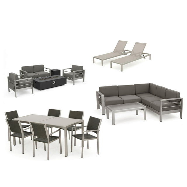Miller Outdoor Sofa and Chat Sets with a Glass Top Dining Set, Lounges, and a Grey Firepit, Khaki, Silver