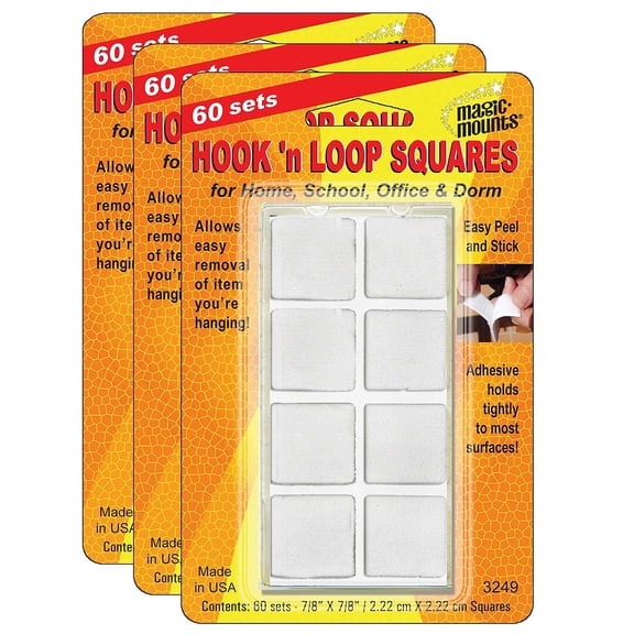 Magic-Mounts Hook 'n Loop, 7/8" Squares, 60 Sets Per Pack, 3 Packs