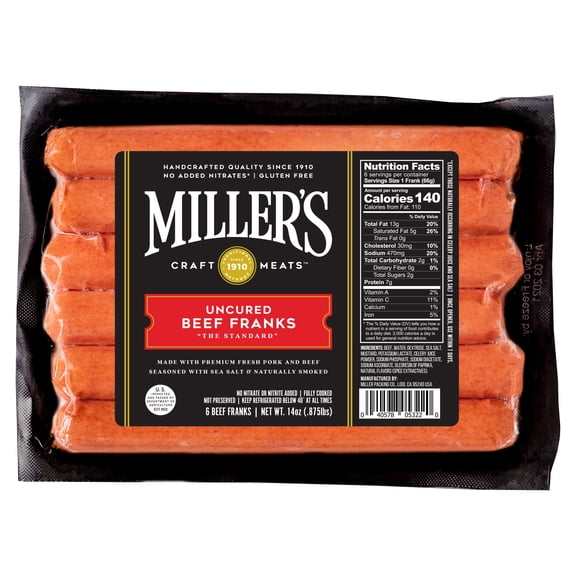 Miller's Craft Meats, "The Standard" 6ct Beef Frank. Miller's beef franks are a perfect combination of fresh beef, natural hickory smoke and a secret combination of spices.