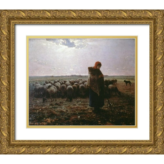 Millet, Jean-Francois 24x20 Gold Ornate Wood Framed with Double Matting Museum Art Print Titled - Pasture