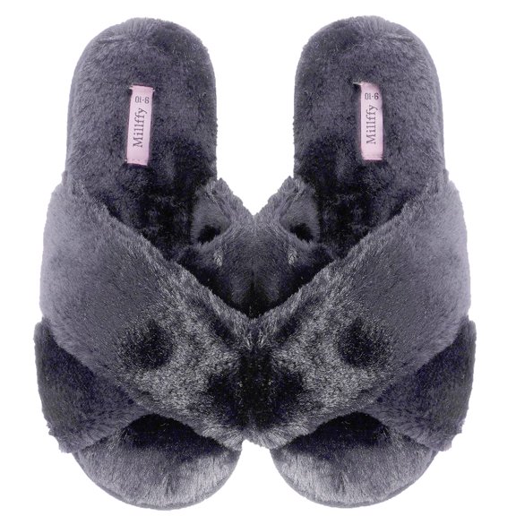 Millffy Ladies Womens Cross Fuzzy Fluffy Open Toe Slippers for Summer (Women US 11-12, Cross Black)