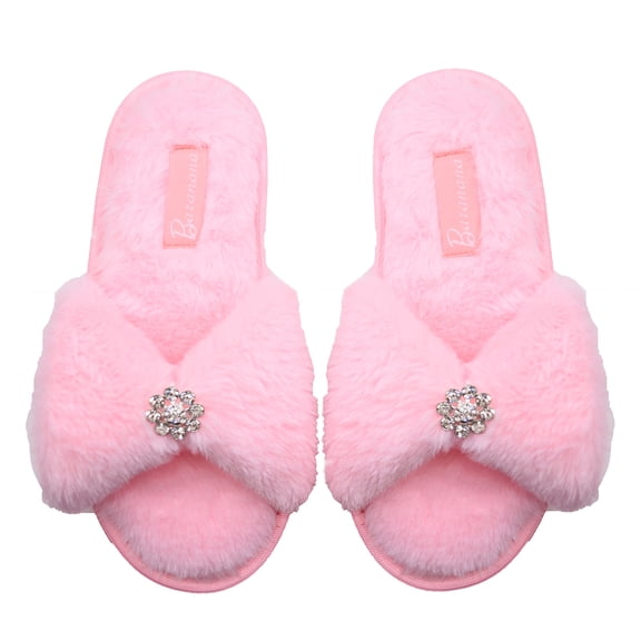 Millffy Little big kids Comfy Fluffy cute Beauty girls diamond bow open toe princess summer indoor Slippers (1-2 Big Kid, Cream Pink)