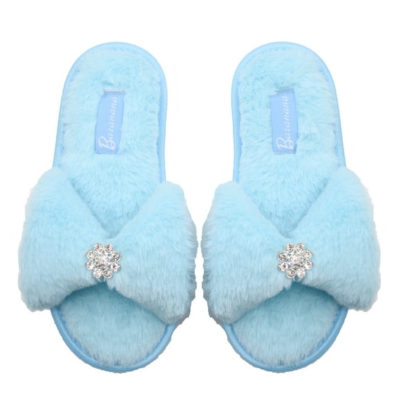 Millffy Little big kids Comfy Fluffy cute Beauty girls diamond bow open toe princess summer indoor Slippers (3-4 Big Kid, Sky Blue)