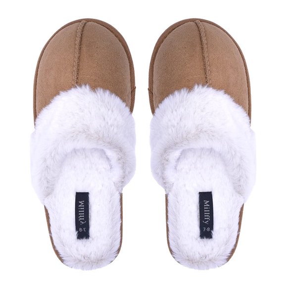 Millffy Nordic Style Faux Fur Trim Rabbit Fur Hair Women's Suede Slippers Memory Foam Comfy Indoor eva Slipper (US 7-8, Khaki)
