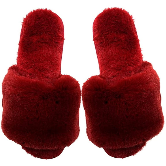 Millffy Women Fluffy Ladies Slippers Faux Wool Fuzzy Slippers chic luxurious Open Toed Soft Fur Slippers (7-8 US, Ruby)