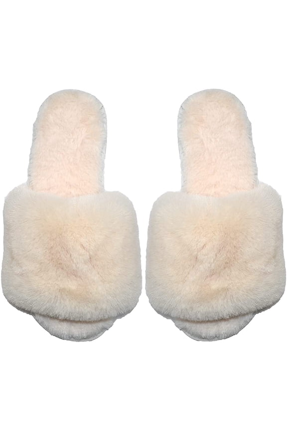 Women Fluffy Ladies Slippers Faux Wool Fuzzy Slippers chic luxurious Open Toed Soft Fur Slippers (9-10 US, Beige)