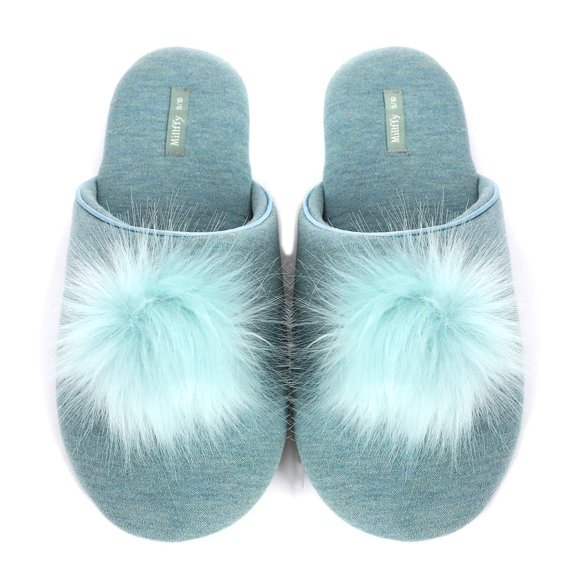 Millffy Women's Cozy House Slippers Fluffy Faux Fur ball Comfy Slides Bedroom Home Cotton knit Slippers (9-10 US Women, Green)