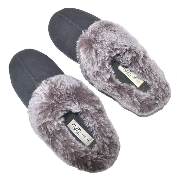 Millffy Women's Faux Fur Clog Comfy slides Furry Soft Indoor Memory Foam Moccasin Slippers (7-8 US, Black)
