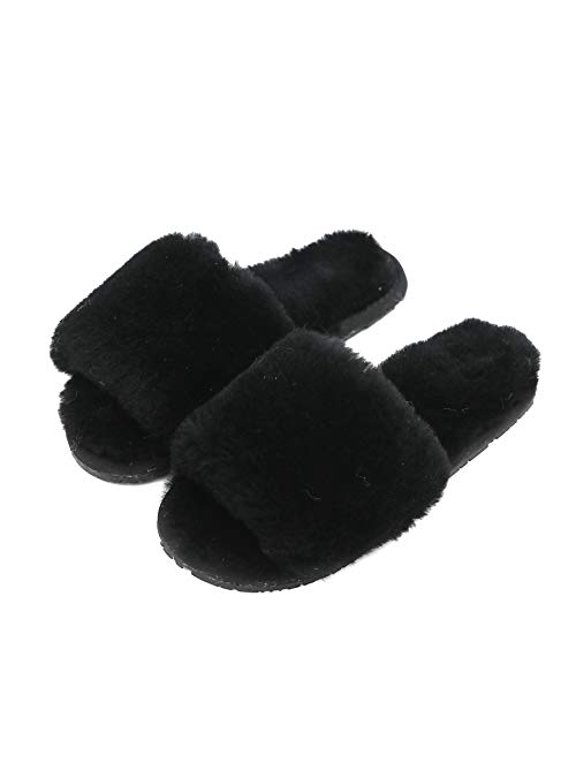 Women's Wool Fur Slippers Sheepskin Leather Slippers Shearling Fur Fluffy Fuzzy House Bedroom Shoes Slides (9-10, Black)
