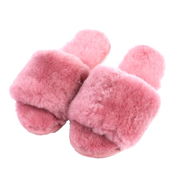 Millffy Women's Wool Fur Slippers Sheepskin Leather Slippers Shearling Fur Fluffy Fuzzy House Bedroom Shoes Slides (9-10, Rose)