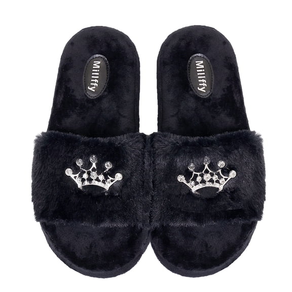Millffy arch support Fluffy Slippers Princess Crown Diamond Tiara Ladies Pink Girls House Slippers (7-8 M US, Black)
