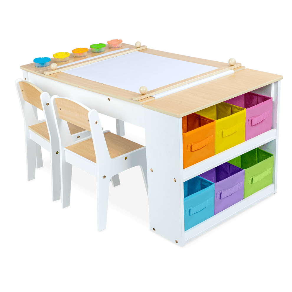 Milliard 2-in-1 Kids Art Table and Art Easel Table and Chair Set, Toddler Craft and Play Wood Activity Table with Storage Bins and Paper Roll