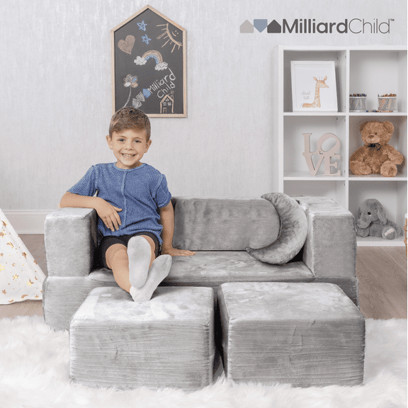 Milliard Grey Kids Couch - Modular Kids Sofa for Toddler and Baby, Velour Cover