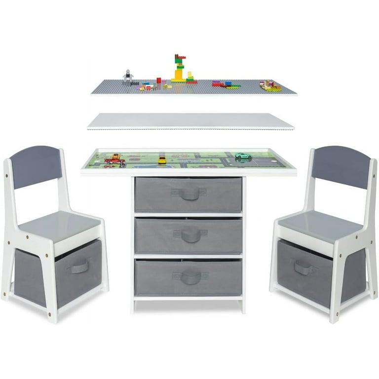 Milliard Kids 3 in 1 Play Table and Chair Set Wood with Storage Baskets Compatible with Lego and Duplo Bricks Activity Table Playset Furniture with