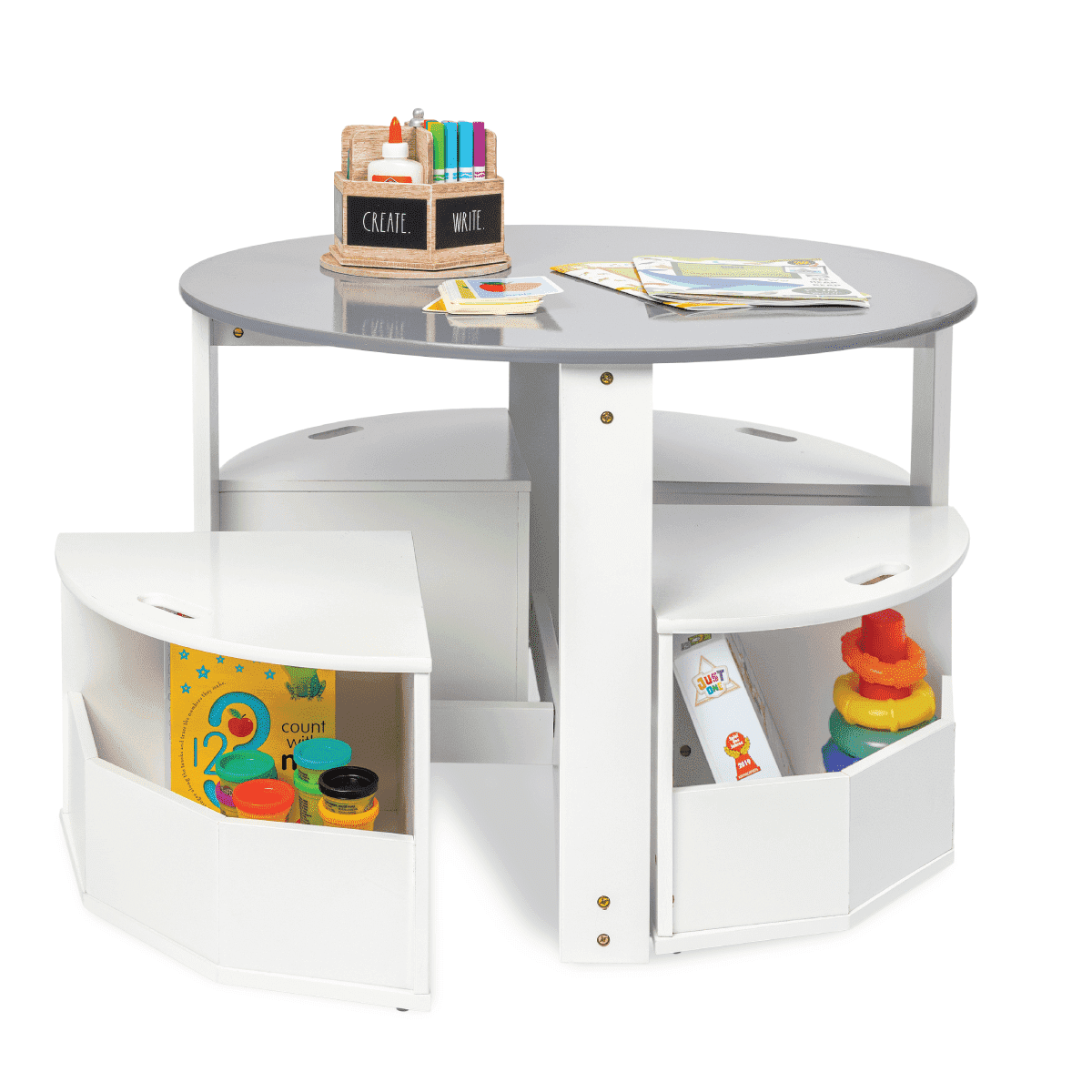 Milliard Kids Activity Play Table Chair Set- for Toddlers-Round with 4 Storage Stools White / Gray