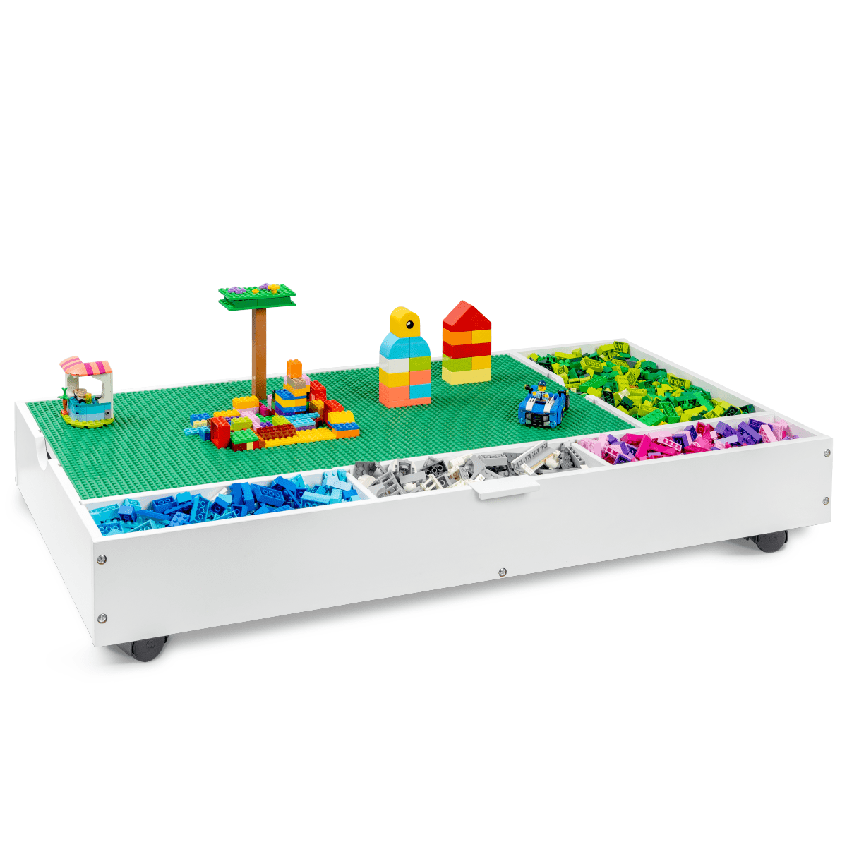 White Rolling Play Table and Toy Organizer with Green Base