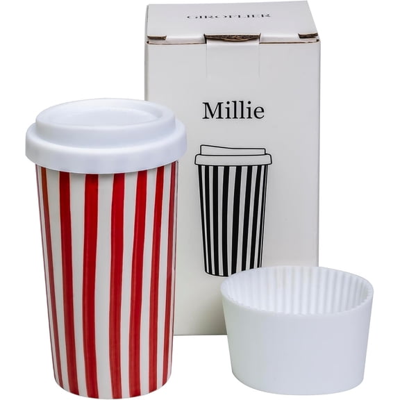 Millie 12oz Ceramic Tumbler - Stylish Travel Coffee cup with Lid, Microwave & Dishwasher Safe - Ceramic Travel Mug with Lid - Idea for Women & Men Who Love Coffee the Go