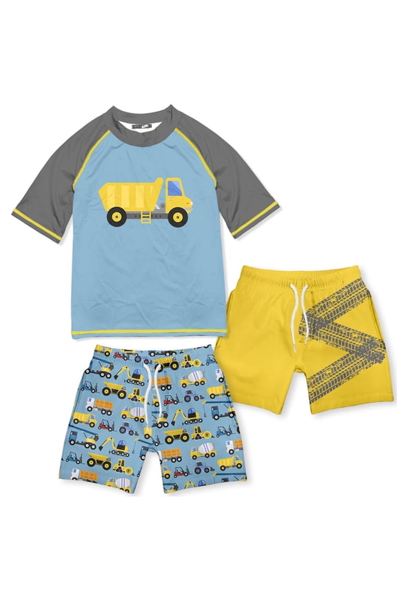 Boys Blue & Grey Construction Truck Rashguard Set, Toddler Boys, Size 4T, 3-pcs, UPF 50+