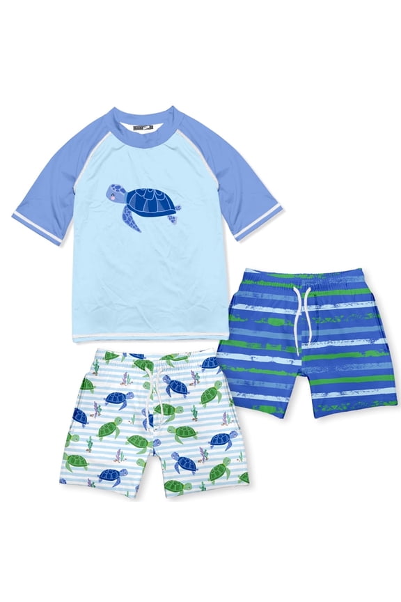 Boys Blue Stripe Turtle Rashguard Set, Big Boys, Size 6, 3-pcs, UPF 50+